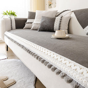 All-Season Waterproof Anti-Scratch Soft Corduroy Couch Cover with Pom-poms