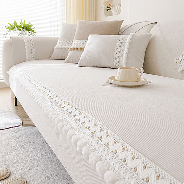 All-Season Waterproof Anti-Scratch Soft Corduroy Couch Cover with Pom-poms
