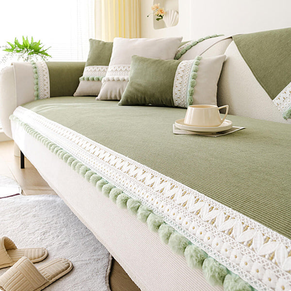 All-Season Waterproof Anti-Scratch Soft Corduroy Couch Cover with Pom-poms