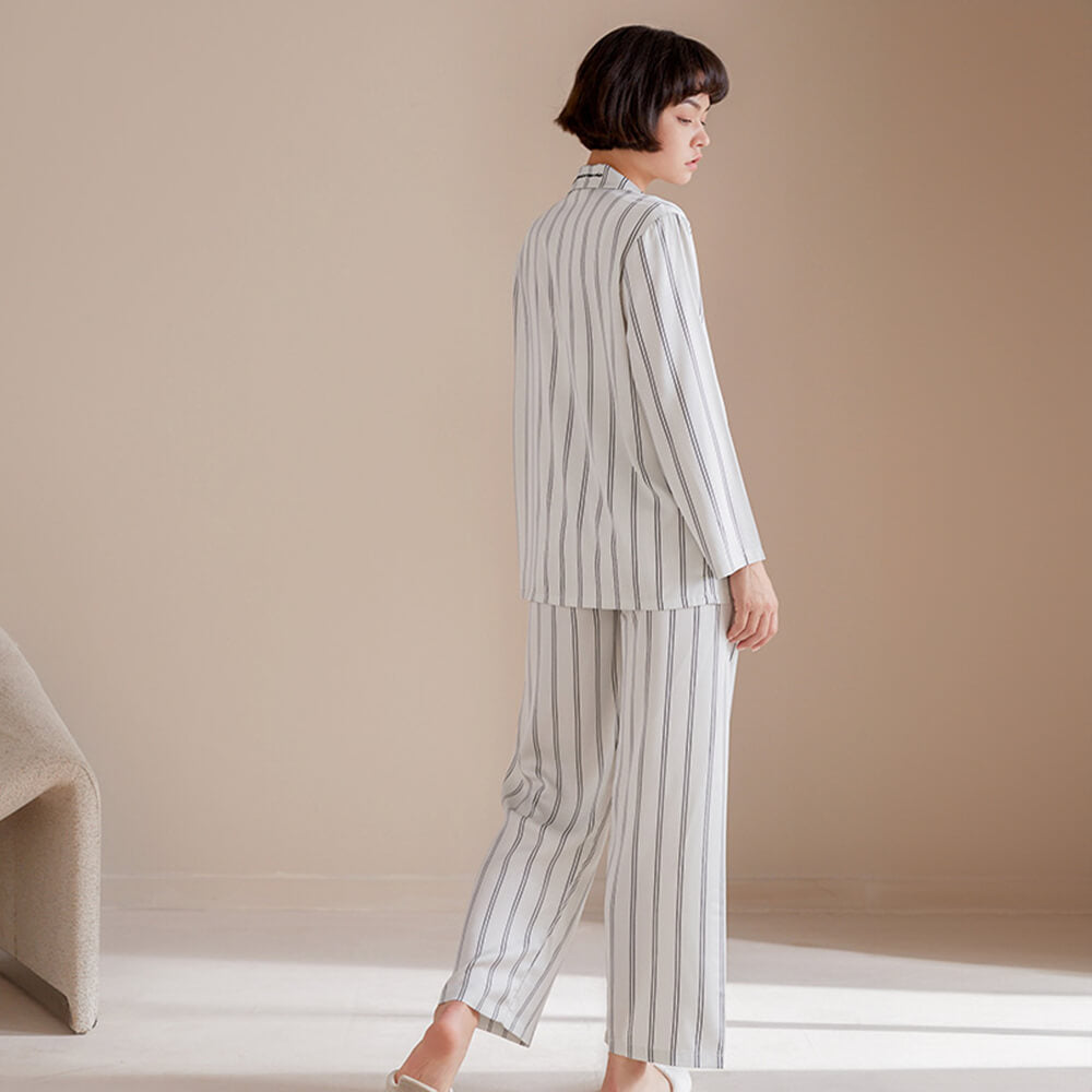 Striped Series Ice Silk Skin-Friendly Long Sleeve Couples Pajama Set