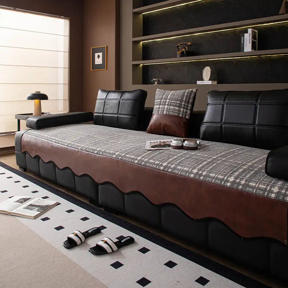 Vintage Chenille Sofa Protector with Faux Leather Panels Non-Slip Couch Cover