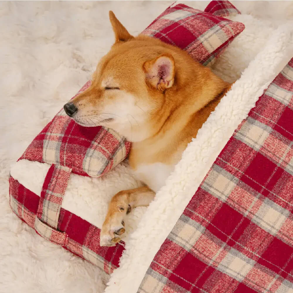 Vintage Plaid Plush Detachable Orthopedic Dog Bed with Pillow - Puppy Snug