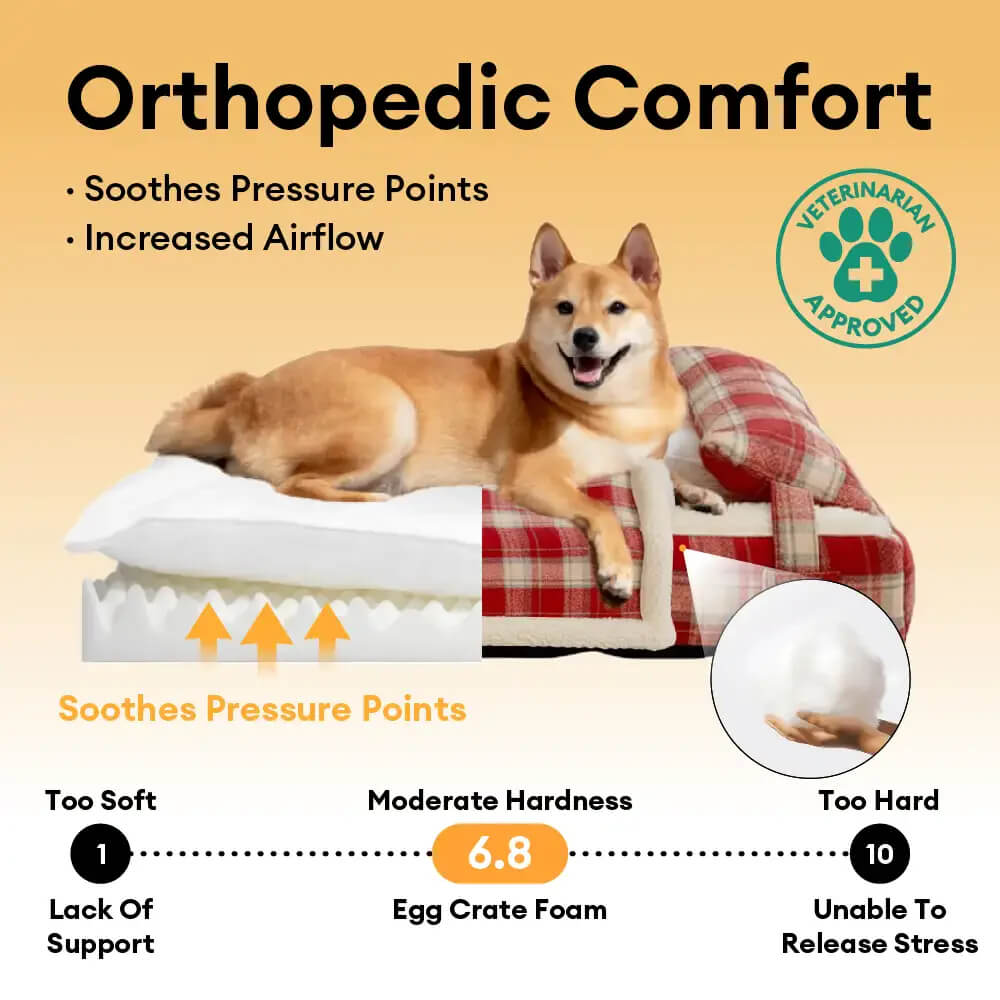 Vintage Plaid Plush Detachable Orthopedic Dog Bed with Pillow - Puppy Snug