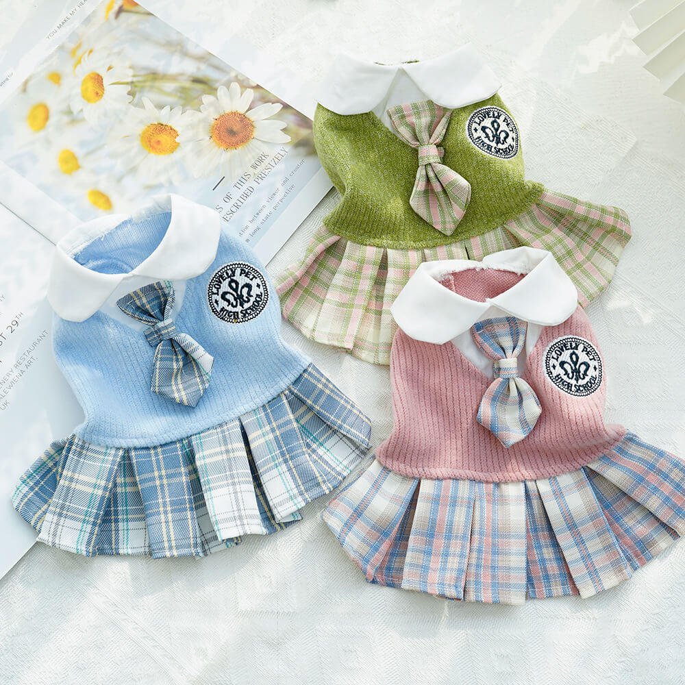 Plaid Schoolgirl Dog Dress with Collar and Tie