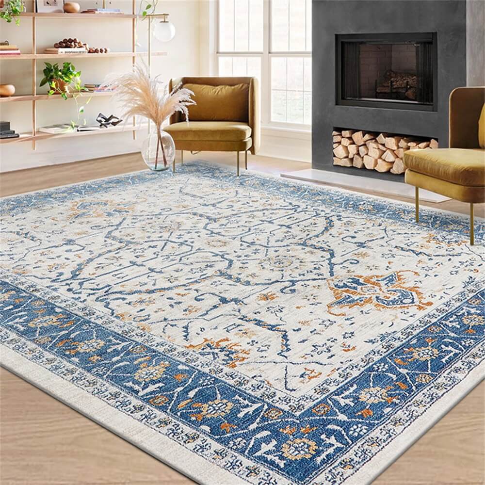 Vintage Blue & Cream Pet-Friendly Area Rug - Timeless Elegance for Your Home