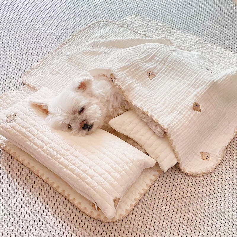 Cosy Embroidered Cotton Pet Pillow Quilt Bed Set