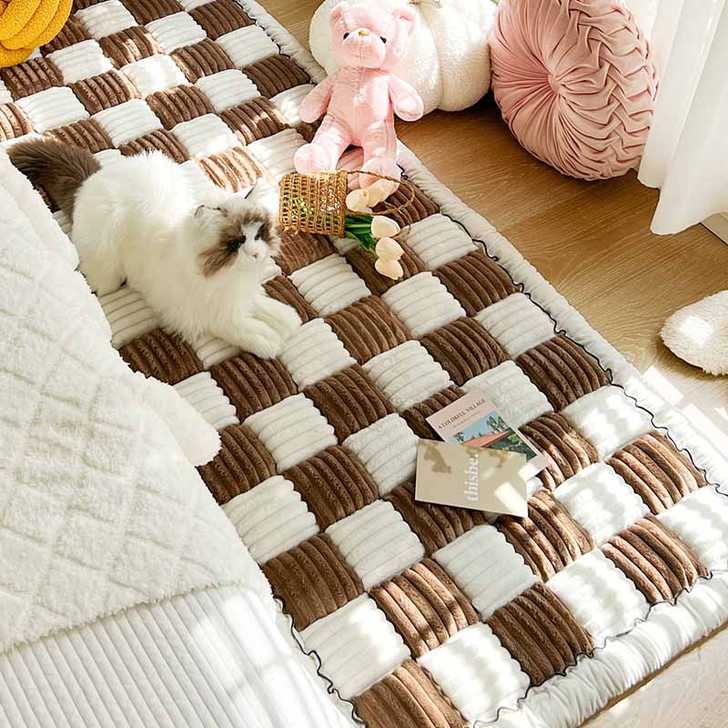 Cream-coloured Large Plaid Square Pet Carpet Bed Couch Cover