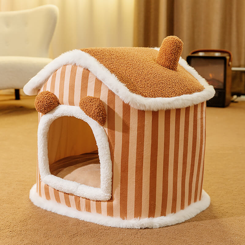 Semi-enclosed Plush Cat House Warm Cat Bed