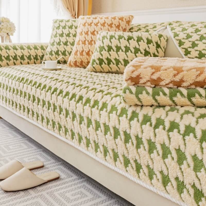 Houndstooth Plush Mat Furniture Protection Anti-Slip Couch Cover